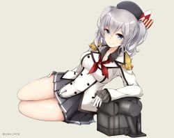 Rule 34 | 10s, 1girl, arm support, blue eyes, breasts, colis (regunm772), elbow rest, epaulettes, female focus, frilled sleeves, frills, gloves, hand on own thigh, hat, kantai collection, kashima (kancolle), kerchief, large breasts, machinery, military, military uniform, miniskirt, pleated skirt, silver hair, simple background, skirt, smile, solo, twintails, twitter username, uniform, wavy hair, white gloves