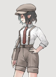 Rule 34 | 1girl, bag, black hair, brown bag, brown hat, brown shorts, cabbie hat, collared shirt, commentary request, cowboy shot, flat cap, grey background, hand on own hip, hat, highres, long sleeves, necktie, parted lips, peroponesosu., pointy ears, red eyes, red necktie, shameimaru aya, shameimaru aya (newsboy), shirt, short hair, shorts, shoulder bag, simple background, solo, suspenders, touhou, white shirt