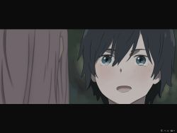 Rule 34 | 10s, 1boy, 1girl, absurdres, black hair, blue eyes, blush, commentary request, couple, crxn5424, darling in the franxx, fringe trim, highres, hiro (darling in the franxx), long hair, pink hair, short hair, tears, zero two (darling in the franxx)