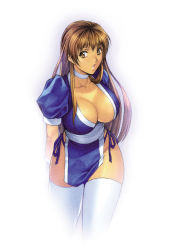 Rule 34 | 1girl, :o, arms behind back, breasts, brown eyes, brown hair, choker, cleavage, curvy, dead or alive, female focus, highres, homare (fool&#039;s art), japanese clothes, kasumi (doa), large breasts, legs, long hair, looking at viewer, ninja, no bra, no panties, open mouth, pelvic curtain, simple background, solo, standing, thick thighs, thighhighs, thighs, white background, white thighhighs, wide hips