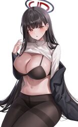 Rule 34 | 1girl, absurdres, black bra, black hair, black pantyhose, blue archive, blush, bra, breasts, cleavage, clothes lift, hair ornament, hairpin, highres, large breasts, long hair, navel, pantyhose, parted lips, red eyes, rio (blue archive), sideboob, simple background, solo, stomach, sweater, sweater lift, turtleneck, turtleneck sweater, underwear, white background, white sweater, yam s2