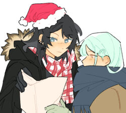 2girls bang_dream! bang_dream!_it&#039;s_mygo!!!!! black_gloves black_hair black_jacket black_scarf blue_eyes blue_hair blush brown_coat ceruleumblue christmas closed_mouth coat commentary ear_blush ear_piercing english_commentary gloves green_gloves hair_ornament hairclip hat jacket long_hair long_sleeves multiple_girls piercing red_scarf santa_hat scarf simple_background wakaba_mutsumi white_background yahata_umiri yellow_eyes