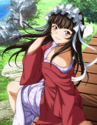 Rule 34 | 1girl, bench, blunt bangs, bow, brown eyes, brown hair, closed mouth, collarbone, day, floating hair, from side, hair bow, hair ribbon, hand in own hair, haori, ikkitousen, japanese clothes, kimono, long hair, long sleeves, looking at viewer, off shoulder, outdoors, print kimono, ribbon, sitting, smile, solo, ten&#039;i (ikkitousen), very long hair, white bow, white ribbon