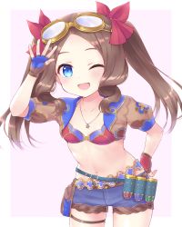 Rule 34 | 1girl, belt, bikini, bikini top only, blue eyes, blue shorts, blush, breasts, brown gloves, brown hair, capsule, collarbone, fate/grand order, fate (series), fingerless gloves, forehead, gloves, goggles, hair ribbon, highres, jaga (pixiv72523240), jewelry, leonardo da vinci (fate), leonardo da vinci (fate/grand order), leonardo da vinci (rider) (fate), leonardo da vinci (swimsuit ruler) (fate), long hair, looking at viewer, necklace, one eye closed, open mouth, parted bangs, puffy short sleeves, puffy sleeves, red bikini, red ribbon, ribbon, short shorts, short sleeves, shorts, shrug (clothing), sidelocks, small breasts, smile, solo, swimsuit, thighs, twintails