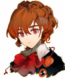 Rule 34 | 1girl, absurdres, black jacket, bow, bowtie, brown hair, closed mouth, cropped shoulders, gekkoukan high school uniform, hair between eyes, hair ornament, hairclip, highres, hikawayunn, jacket, looking at viewer, persona, persona 3, persona 3 portable, ponytail, portrait, red bow, red bowtie, red eyes, school uniform, shiomi kotone, simple background, solo, white background