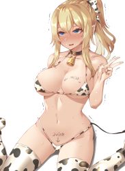 Rule 34 | 1girl, absurdres, animal print, bell, bikini, blonde hair, blue eyes, blush, body writing, bow, bowtie, breasts, choker, cleavage, clyde s, cow print, cowbell, english text, genshin impact, half-closed eyes, highres, jean (genshin impact), large breasts, navel, open mouth, ponytail, seiza, simple background, sitting, smile, solo, stomach, sweat, swimsuit, thighhighs, trembling, v, white background, white bikini