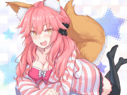 Rule 34 | 10s, 1girl, :d, animal ears, black thighhighs, blush, breasts, cleavage, collarbone, fang, fate/extra, fate (series), fox ears, fox tail, hair ornament, hair scrunchie, hood, hoodie, large breasts, long hair, looking at viewer, lying, maru (maru1625), no shoes, official alternate costume, on stomach, open mouth, pink hair, revision, scrunchie, smile, solo, striped clothes, striped hoodie, tail, tamamo (fate), tamamo no mae (fate/extra), tamamo no mae (spring casual) (fate), thighhighs, yellow eyes