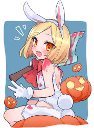 Rule 34 | 1girl, absurdres, animal ears, axe, back, bare shoulders, blonde hair, blue background, blush, border, breasts, fake animal ears, fate/grand order, fate (series), gloves, highres, jack-o&#039;-lantern, leotard, looking at viewer, looking back, manami (fearfac666), open mouth, orange eyes, parted bangs, paul bunyan (fate), paul bunyan (festival outfit) (fate), playboy bunny, pumpkin, rabbit ears, rabbit tail, red neckwear, sharp teeth, short hair, sitting, small breasts, smile, tail, teeth, thighs, white border, white gloves, white leotard