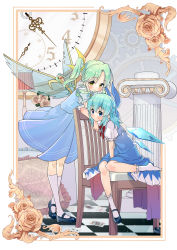 Rule 34 | 2girls, absurdres, arm support, black footwear, blue bow, blue dress, blue eyes, blue hair, blush, bow, card, chair, checkered floor, chinese commentary, cirno, closed mouth, column, commentary request, daiyousei, detached wings, dress, fairy wings, flower, framed, full body, gears, green hair, hair between eyes, hair bow, head rest, highres, ice, ice wings, jack (playing card), jack of spades, king (playing card), king of diamonds, kneehighs, lampshade, leaf, leaning forward, long hair, looking at viewer, mary janes, medium hair, multiple girls, neck ribbon, neckerchief, on chair, one side up, pillar, pillow, playing card, puffy short sleeves, puffy sleeves, red neckerchief, ribbon, rose, seven of diamonds, shirt, shoes, short sleeves, sitting, six of spades, smile, socks, three of hearts, touhou, unworn shoe, unworn shoes, white flower, white rose, white shirt, white socks, wings, wuzeiiezuw, yellow eyes, yellow ribbon