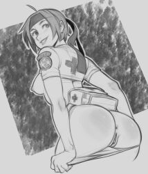 Rule 34 | 1girl, ahoge, anus, ass, bent over, breasts, commentary, crop top, cropped legs, effy neprin, english commentary, from behind, greyscale, headband, medium breasts, monochrome, nipples, panties, panty pull, parted lips, pouch, pussy, rebecca chambers, resident evil, resident evil 2, short hair, sketch, smile, solo, uncensored, underwear, upper body
