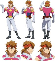Rule 34 | 1boy, abs, brown hair, character sheet, clenched hand, gundam, gundam build divers, gundam build divers re:rise, headband, highres, male focus, multiple views, muscular, official art, pointing, red headband, torimachi kazami, transparent background, v, yellow eyes