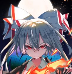 Rule 34 | 1girl, bow, closed mouth, collarbone, fire, fujiwara no mokou, full moon, grey hair, hair bow, highres, long hair, looking at viewer, moon, muraryo, outdoors, red eyes, solo, touhou, upper body, v-shaped eyebrows, white bow