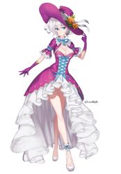 Rule 34 | 1girl, aqua ribbon, blue eyes, breasts, character request, cleavage, cleavage cutout, clothing cutout, cross-laced clothes, dmitriy samarkin, dress, flower, full body, gloves, green ribbon, hand up, hat, highres, houchi shoujo, leaf, orange flower, purple dress, purple gloves, purple hat, ribbon, shoes, short sleeves, simple background, smile, solo, standing, twitter username, white background, white footwear, white hair