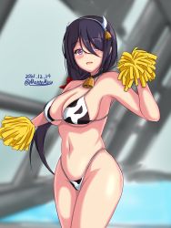 Rule 34 | 1girl, animal print, ariake (kancolle), bell, bikini, black hair, breasts, cleavage, cow horns, cow print, cowbell, dated, fake horns, hair over one eye, highleg, highleg bikini, highleg swimsuit, highres, horns, indoors, kantai collection, large breasts, long hair, looking at viewer, low ponytail, montemasa, one-hour drawing challenge, pom pom (cheerleading), purple eyes, rei no pool, solo, swimsuit, twitter username, white bikini