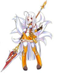 Rule 34 | 1girl, ahoge, albino, angry, ara haan, ara han, ara han (celestial fox), arm warmers, bare shoulders, blush, boots, elsword, fox tail, full body, little xia (elsword), long hair, looking at viewer, multiple tails, official art, open mouth, orange footwear, orange skirt, polearm, red eyes, sando (dukedevil), simple background, skirt, solo, spear, standing, tail, thigh boots, thighhighs, weapon, white hair