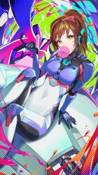Rule 34 | 1girl, beckoning, bodysuit, breasts, brown hair, blowing bubbles, chewing gum, commentary request, covered navel, d.va (overwatch), dithering, facial mark, from above, graffiti, headgear, headphones, highres, kainown, looking at viewer, mecha, medium breasts, narrow waist, overwatch, paint, paint splatter, pilot suit, ponytail, robot, science fiction, sitting, skin tight, solo, swept bangs, whisker markings, yellow eyes