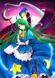 Rule 34 | 1girl, bow, capelet, chain, crescent, demon wings, dress, female focus, ghost, ghost tail, green eyes, green hair, hat, highres, long hair, matching hair/eyes, mima (touhou), neko kuriya, open mouth, smile, solo, sparkle, staff, star (symbol), sun symbol, touhou, touhou (pc-98), wings, wizard hat