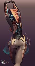 Rule 34 | 1girl, absurdres, arcafterdark, arms up, ass, breasts, colored skin, from behind, grey skin, highres, hood, ivara (warframe), looking at viewer, looking back, multicolored skin, sideboob, signature, simple background, small breasts, solo, stretching, thigh armor, two-tone skin, warframe