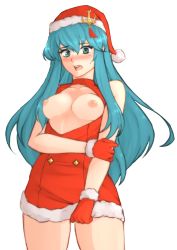 Rule 34 | 1girl, absurdres, aqua hair, bare shoulders, blue eyes, blush, breasts, breasts out, cleavage cutout, clothing cutout, collarbone, dress, eirika (fire emblem), eirika (winter) (fire emblem), embarrassed, fire emblem, fire emblem: the sacred stones, fire emblem heroes, full-face blush, fur trim, gloves, hat, highres, long hair, medium breasts, nintendo, nipples, official alternate costume, open mouth, red gloves, santa costume, santa hat, simple background, solo, sweatdrop, teeth, tridisart, white background