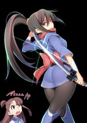 Rule 34 | 2girls, ass, asymmetrical bangs, bandaged arm, bandages, black background, black eyes, black legwear, blue footwear, blue kimono, blunt bangs, boots, borrowed design, brown eyes, brown hair, character request, hair between eyes, high ponytail, highres, holding, holding sword, holding weapon, hooded kimono, japanese clothes, kagari atsuko, katana, kimono, kippuru, little witch academia, long hair, looking at another, multicolored hair, multiple girls, ninja, open mouth, pantyhose, red scarf, scarf, solo focus, streaked hair, surprised, sweatdrop, sword, thighs, topknot, very long hair, weapon, wide-eyed