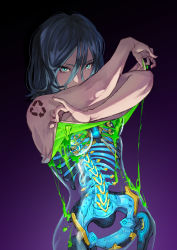 Rule 34 | 1girl, android, aqua eyes, black hair, gradient background, highres, mechanical parts, okome (liveokome), original, ribs, slime (substance), solo, spine, translucent, see-through body, transparent, undressing