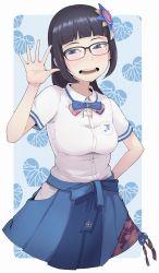 Rule 34 | 1girl, aoi ch., bespectacled, black hair, blue eyes, blue skirt, breast pocket, breasts, collared shirt, eyebrows, fuji aoi, glasses, hair ornament, highres, hip vent, ina (gokihoihoi), long hair, looking at viewer, medium breasts, mole, mole under eye, open mouth, pocket, shirt, skirt, smile, solo, teeth, upper body, virtual youtuber, white shirt