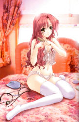 Rule 34 | 1girl, bed, bedroom, bow, bow panties, breasts, brown eyes, brushing hair, brushing own hair, bustier, cd player, character request, cleavage, comb, discman, female focus, full body, hair brush, headphones, highres, indoors, kimizuka aoi, legs, lingerie, long hair, long legs, lost passage, medium breasts, midriff, navel, no shoes, on bed, orange eyes, original, panties, pillow, pink hair, red hair, sitting, smile, solo, suki da yo!, thighhighs, thighs, underwear, wariza, wavy hair, white panties, white thighhighs