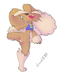 Rule 34 | 1girl, absurdres, animal ears, animal hands, arm up, artist name, bare shoulders, black sclera, blue shirt, bottomless, cheerleader, clitoris, colored sclera, creatures (company), crombie, crop top, dated, feet, full body, furry, furry female, game freak, gen 4 pokemon, heart, highres, leg lift, looking at viewer, lopunny, navel, nintendo, open mouth, pokemon, pokemon (creature), pokemon dppt, purple eyes, pussy, rabbit ears, rabbit tail, shirt, signature, simple background, sleeveless, sleeveless shirt, smile, solo, spread legs, standing, standing on one leg, tail, teeth, text focus, tongue, uncensored, white background