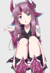 Rule 34 | 1girl, animal ears, arms at sides, chestnut mouth, collarbone, detached sleeves, hair ribbon, hair tubes, head tilt, highres, horns, kuria (puzzle &amp; dragons), kurobane (fukurou15), long hair, looking at viewer, panties, purple eyes, purple hair, puzzle &amp; dragons, ribbon, shin guards, slit pupils, solo, squatting, striped clothes, striped panties, tattoo, tress ribbon, underwear, v-neck, vambraces