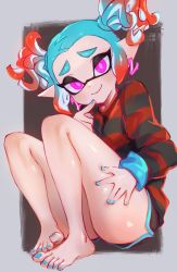Rule 34 | 1girl, bare legs, barefoot, black shorts, blue hair, blue nails, closed mouth, dolphin shorts, feet, fingernails, furrowed brow, hand on own thigh, highres, inkling, inkling girl, inkling player character, jtveemo, legs, long sleeves, looking at viewer, multicolored hair, nail polish, nintendo, pink eyes, pointy ears, red hair, shirt, short hair, short shorts, shorts, sitting, smile, solo, splatoon (manga), splatoon (series), striped clothes, striped shirt, tentacle hair, thighs, toenail polish, toenails, twintails, two-tone hair, x-blood