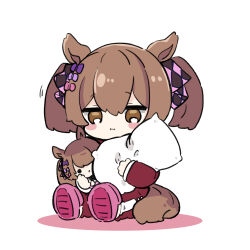 Rule 34 | :i, animal ears, blush stickers, bow, brown eyes, brown hair, character doll, closed mouth, colored shadow, commentary request, full body, hair between eyes, hair bow, highres, horse ears, horse girl, horse tail, jacket, looking at viewer, nozo (hitomiz), hugging object, pants, pillow, pillow hug, pink bow, pink footwear, purple bow, red jacket, red pants, shadow, shoe soles, simple background, sitting, slippers, smart falcon (umamusume), socks, tail, track jacket, track pants, track suit, twintails, umamusume, white background, white socks
