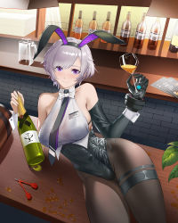 Rule 34 | 1girl, absurdres, alcohol, animal ears, armpit crease, azur lane, bar (place), bare shoulders, black neckwear, black pantyhose, blush, bottle, bow, bowtie, breasts, closed mouth, commentary request, cup, dart, drinking glass, fake animal ears, hairband, halterneck, highres, holding, holding bottle, holding cup, large breasts, leotard, liquor, looking at viewer, lounging, maze (sherlock5230), mechanical hands, necktie, official alternate costume, pantyhose, plant, playboy bunny, potted plant, prosthesis, prosthetic hand, purple eyes, rabbit ears, reno (azur lane), reno (reno bunnino) (azur lane), short hair, sideboob, silver hair, single mechanical hand, single sleeve, skindentation, smile, solo, swept bangs, white bow, white bowtie, wine bottle, wine glass