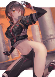 Rule 34 | 1girl, breasts, brown hair, camouflage, coat, glasses, highres, hololive, kneeling, mechanical arms, medium breasts, navel, orange eyes, oukawa yuu, pants, parted lips, revealing clothes, roboco-san, roboco-san (1st costume), short hair, single mechanical arm, solo, virtual youtuber