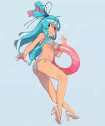 1girl absurdres ahoge ass bikini blue_background blue_bikini blue_hair blue_ribbon breasts butt_crack from_behind full_body grey_bikini grey_footwear grin hair_ribbon heart heart_print high_heels highres holding holding_swim_ring innertube kaerudouhu kotonoha_aoi long_hair looking_at_viewer looking_back medium_breasts pink_innertube red_eyes ribbon smile solo star_(symbol) star_print striped_bikini striped_clothes swim_ring swimsuit voiceroid