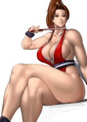 Rule 34 | 1girl, breasts, brown hair, cleavage, hand fan, fatal fury, highres, large breasts, crossed legs, ponytail, shiranui mai, simple background, smile, solo, white background