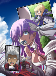 Rule 34 | 1boy, 2girls, archer (fate), armor, artoria pendragon (all), artoria pendragon (fate), bandage over one eye, bandages, blonde hair, breasts, cleavage, commentary request, dress, fate/grand order, fate (series), fujitaka nasu, giant, giantess, highres, kingprotea (fate), long hair, looking at viewer, multiple girls, purple eyes, purple hair, saber (fate), short hair, very long hair, white hair