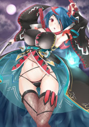 Rule 34 | 10s, 1girl, breasts, chain chronicle, chiyome (chain chronicle), covered erect nipples, dual wielding, eyepatch, fishnet thighhighs, fishnets, groin, highres, hip focus, holding, japanese clothes, katana, large breasts, moon, navel, ninja, red eyes, skindentation, solo, sword, tamakaga, thighhighs, weapon