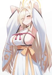 Rule 34 | 1girl, absurdres, animal ears, armpits, arms behind head, arms up, bare shoulders, blonde hair, blue archive, blush, breasts, collarbone, eyeliner, fox ears, halo, highres, japanese clothes, kaho (blue archive), kano (wi3028), kimono, large breasts, long hair, makeup, mole, mole under mouth, parted bangs, rope, sash, short eyebrows, sideboob, sleeveless, sleeveless kimono, solo, white kimono, yellow eyes