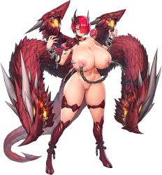 Rule 34 | 1girl, :&lt;, bad id, bad pixiv id, breasts, chain, clitoris, full body, hair over one eye, highres, huge breasts, ignis (last origin), lactation, last origin, looking at viewer, milk, monster girl, navel, nipple slip, nipples, official art, pussy, red eyes, red hair, revealing clothes, short hair, sima (startwitch), snake, solo, tachi-e, thick thighs, thighs, third-party edit, transparent background, uncensored, wide hips