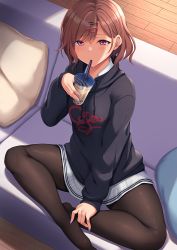 Rule 34 | 1girl, black sweater, brown hair, brown pantyhose, bubble tea, commentary request, couch, cup, disposable cup, drawstring, drinking, drinking straw, from above, hair ornament, hairclip, higuchi madoka, holding, holding cup, idolmaster, idolmaster shiny colors, long sleeves, looking at viewer, miniskirt, mole, mole under eye, momo no kanzume, nail polish, no shoes, on couch, pantyhose, pillow, pink eyes, purple nails, short hair, sitting, skirt, solo, sweater, white skirt