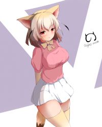 Rule 34 | 1girl, :o, absurdres, animal ears, arms behind back, blonde hair, blush, bow, bowtie, breasts, chinese commentary, commentary request, cowboy shot, fennec (kemono friends), highres, kemono friends, large breasts, looking at viewer, parted lips, pink shirt, pleated skirt, red eyes, shirt, short hair, skirt, solo, tail, thighhighs, thighs, trecen, white skirt, yellow bow, yellow bowtie, yellow thighhighs