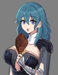 Rule 34 | 1girl, blue eyes, blue hair, breasts, byleth (female) (fire emblem), byleth (fire emblem), closed mouth, desspie, eating, fire emblem, fire emblem: three houses, food, highres, holding, holding food, large breasts, long hair, looking at viewer, nintendo, smile, solo