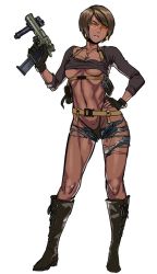 Rule 34 | 1girl, belt, boots, breasts, brown hair, bullet necklace, character request, clothes lift, collarbone, dark-skinned female, dark skin, desert eagle, earrings, extended magazine, full body, gloves, gun, hand on own hip, handgun, high-capacity magazine, highleg, highleg panties, holding, holding gun, holding weapon, jewelry, knee boots, looking at viewer, medium breasts, nisetanaka, panties, revealing clothes, shirt lift, short hair, shorts, solo, standing, sunglasses, thong, torn clothes, torn shorts, underboob, underwear, weapon, witness holes