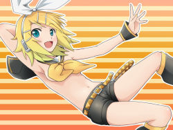 Rule 34 | 1girl, armpits, blonde hair, blue eyes, censored, convenient censoring, detached collar, hair ornament, hair ribbon, hairclip, headphones, kagamine rin, mameshiba (pixiv 59310), navel, open mouth, ribbon, shorts, smile, solo, striped, striped background, topless, vocaloid