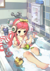Rule 34 | 1girl, :p, barefoot, bath, bathing, bathtub, blush, bow, bracelet, bug, foam, frog, hair bow, hazardous materials label, headphones, heart, heart-shaped pupils, jewelry, long hair, necklace, nude, original, partially submerged, pink hair, rubber duck, shaonav, solo, symbol-shaped pupils, tiles, tongue, tongue out, water
