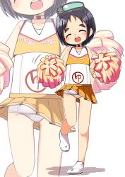 Rule 34 | 1girl, black hair, cheerleader, closed eyes, crop top, crop top overhang, facing viewer, full body, highres, holding, holding pom poms, kantai collection, maru-yu (kancolle), midriff, nassukun, one-piece swimsuit, open mouth, parted bangs, pleated skirt, pom pom (cheerleading), pom poms, round teeth, school swimsuit, shirt, short hair, skirt, sleeveless, sleeveless shirt, solo, swimsuit, swimsuit under clothes, teeth, thick eyebrows, upper teeth only, white one-piece swimsuit, zoom layer