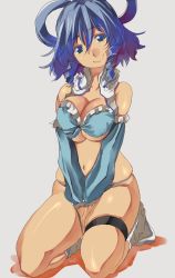 Rule 34 | 1girl, bare shoulders, breasts, cleavage, female focus, frills, head tilt, kaku seiga, kneeling, large breasts, lips, navel, panties, seiza, short hair, simple background, sitting, skindentation, smile, socks, solo, thigh strap, thighs, touhou, underwear, v arms, yohane