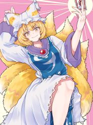 Rule 34 | 1girl, absurdres, animal ears, animal hat, arms up, between fingers, blonde hair, breasts, dress, feet out of frame, fingernails, fox ears, fox tail, hat, highres, holding, large breasts, looking at viewer, mob cap, multiple tails, ofuda, ofuda between fingers, purple background, short hair, smile, solo, sunburst, sunburst background, tabard, tail, toluda, touhou, v-shaped eyebrows, white dress, yakumo ran, yellow eyes