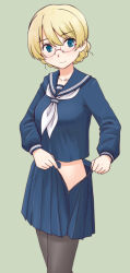 Rule 34 | 1girl, alternate costume, bespectacled, blonde hair, blouse, blue eyes, blue shirt, blue skirt, blush, braid, closed mouth, collarbone, commentary, cowboy shot, darjeeling (girls und panzer), girls und panzer, glasses, green background, light blush, long sleeves, looking at viewer, miniskirt, neckerchief, no panties, open clothes, open skirt, opened by self, pleated skirt, school uniform, serafuku, shirt, short hair, simple background, skirt, smile, solo, standing, thighhighs, thighs, twin braids, undressing, unzipped, uona telepin, white neckerchief