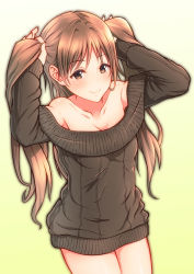 Rule 34 | 10s, 1girl, absurdres, alternate costume, arm up, artist request, bad id, bad nicoseiga id, bare shoulders, breasts, brown eyes, brown hair, bunching hair, cleavage, closed mouth, collarbone, commentary request, eyebrows, gradient background, highres, holding, holding own hair, idolmaster, idolmaster cinderella girls, long hair, matching hair/eyes, naked sweater, nitta minami, no panties, off-shoulder, off-shoulder sweater, off shoulder, smile, solo, sweater, two side up, yellow background